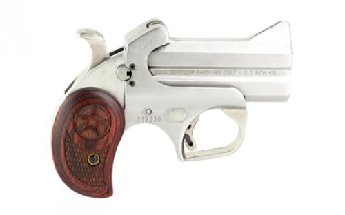 Bond Arms Texas Defender, Derringer, 410 or 45LC, 3" Barrel, Steel, Silver, Rosewood Grips, Fixed Sights, 2 Rounds, With Trigger Guard TD45410