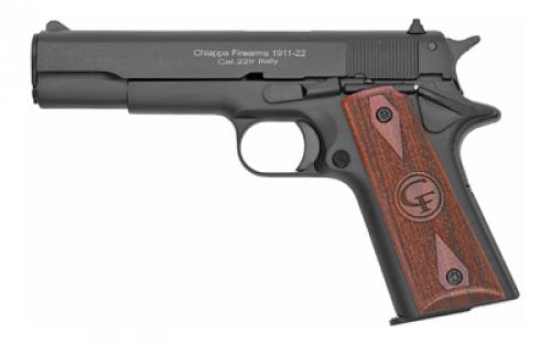 Chiappa Firearms 1911, Semi-automatic, Metal Frame Pistol, Full Size, 22LR, 5 Barrel, Alloy, Black, Wood Grips, Adjustable Sights, 10 Rounds 401.038