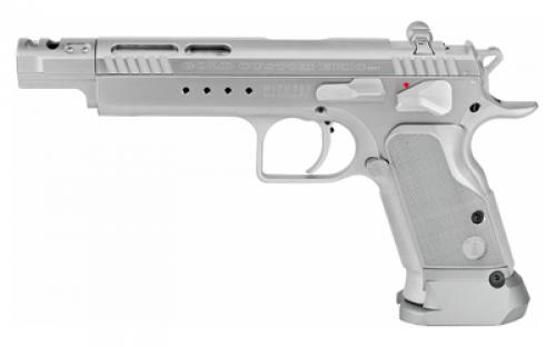 European American Armory Witness Gold, Tanfoglio, Full Size, 38 Super, 5.25 Ported Barrel, Steel Frame, Chrome Finish, Aluminum Frame, Adjustable Sights, Ambidextrous Safety, 18Rd, 1 Magazine 600095