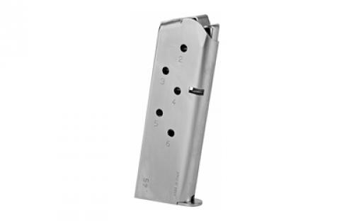 Mecgar  Magazine, 45ACP, 6 Rounds, Fits 1911, Officer, Nickel Finish MGCO4506N
