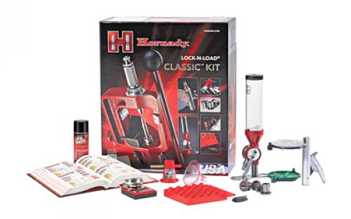 Hornady Lock-N-Load Classic Kit containing Lock-N-Load Classic Single-Stage Press, Lock-N-Load Powder Measure, Electronic Scale, Powder Trickler, Funnel, 10th Edition Hornady Handbook of Cartridge Reloading, Three Lock-N-Load Die Bushings, Primer Catcher, Positive Priming System, Hand-Held Priming Tool, Universal Reloading Block, Chamfering and Deburring Tool, Primer Turning Plate