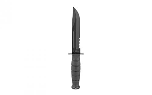 KABAR KA-BAR Short, Fixed Blade Knife, 5.25" Blade Length, 9.375" Overall Length, Clip Point, Combo Edge, 1095 Cro-Van/Black Steel, Matte Finish, Black, Kraton G Handle, Glass Filled Leather Sheath 1257