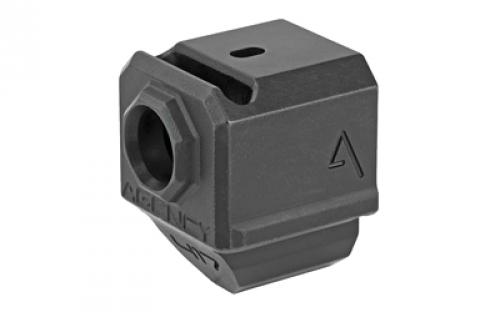 Agency Arms Gen4 Compensator, Features a single top venting port and a front sight hole, Two set screws with an Allen Wrench and a vial of Rockset are included in package, Compatible with the Glock 17/19/34, Standard 1/2 x 28 thread pitch, Black finish 417S-G4-BLK