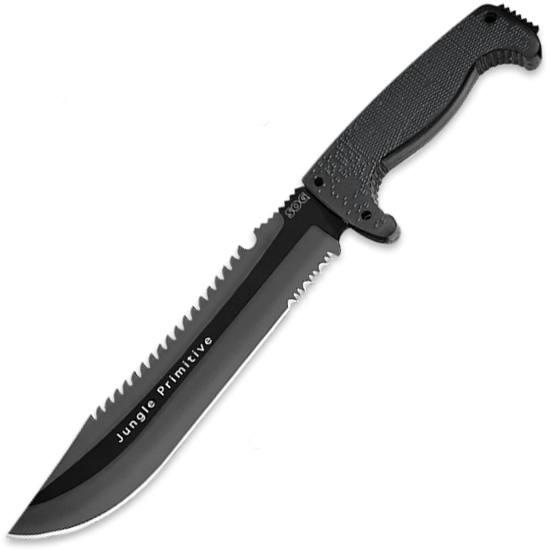 SOG Knives & Tools Fusion, Jungle Primitive, 9.5 Partially Serrated  Clip Point, Black Glass Reinforced Nylon Handle, 8Cr13MoV Steel, Hardcased Finish, Black, Includes Nylon Sheath SOG-F03TN-CP