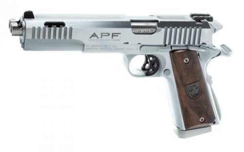 American Precision Firearms Prismatic, Dueller, 1911, Semi-automatic, Single Action, Double Barrel, Steel Framed Pistol, 45ACP, 5" Barrels, Brushed Finish, Stainless Steel, Wood Grips, 7+7 Rounds, 2 Magazines AFDP-45-SS-14