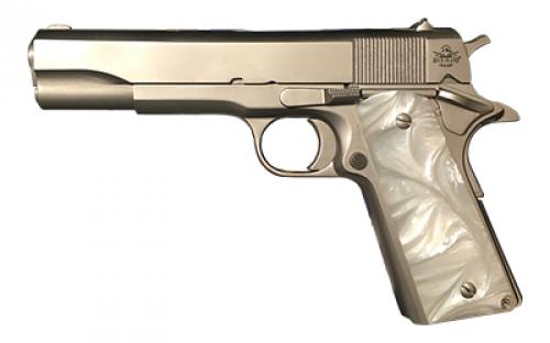Armscor GI Standard, 1911, Semi-automatic, Metal Frame Pistol, Full Size, 45ACP, 5" Barrel, Steel, Polished Nickel Finish, White Grips, Fixed Sights, 8 Rounds, 1 Magazine 56418