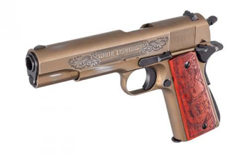 Auto Ordnance 1911, Bootlegger Special Edition, Semi-automatic Pistol, 1911, Full Size, 45 ACP, 5 Barrel, Custom 1920s Depictions Engraving, Wood Grips, Cerakote Finish, Distressed Burnt Bronze, Fixed Sights, Manual Safety, 7 Rounds, 1 Magazine 1911BKOC9
