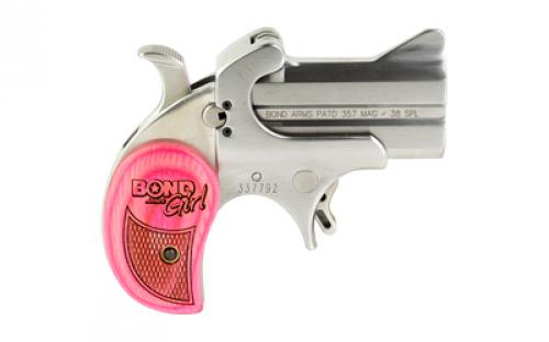 Bond Arms Girl Mini, Derringer, 357 Magnum/38 Special, 2.5" Barrel, Steel, Stainless Finish, Pink Wood Grips, Fixed Sights, 2 Rounds, Without Trigger Guard BAM35738