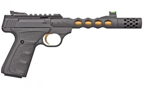Browning Buck Mark Plus Vision, Semi-automatic, Metal Frame Pistol, 22LR, 5.875" Threaded Skeletonized Barrel, Threaded 1/2x28, Aluminum, Gold Cerakote Finish on Inner Barrel, Black Anodized Finish on Outer Barrel, UFX Grips, Adjustable Rear Sight/Fiber Optic Front Sight, 10 Rounds, 2 Magazines, Compensator 051573490