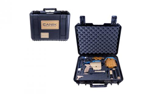 CANIK TP9 METE SFx, Loadout Package, Semi-automatic, Striker Fired, Polymer Frame Pistol, Full Size, 9MM, 5.2 Threaded Barrel, Matte Finish, Black Slide, Flat Dark Earth Frame, Interchangeable Backstraps, 3 Dot Sights, Optics Ready, 4 Magazines, (2) 20 Round, (2) 18 Round, Includes - RH FDE OWB Kydex Holster, RH OWB FDE Kydex Holster for OLIGHT, OWB FDE Double Magazine Kydex Hols