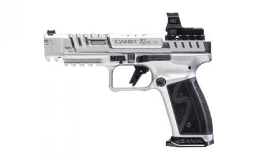 CANIK SFX Rival-S, Striker Fire, Semi-automatic, Steel Frame Pistol, Full Size, 9MM, 5 Barrel, Chrome Finish, MeCanik MO2 Red Dot Sight, Fiber Optic Front Sight, Co-Witness Sights, 18 Rounds, 2 Magazines, Includes Competition Holster, (5) Optic Plates, (3) Sized Grips, (2) Aluminum Magazine Base Plates, Speed Loader, Cleaning Kit, Tool Kit & Punch HG7607C-N