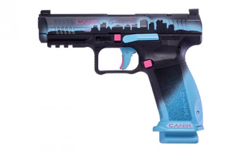 CANIK Signature Series, METE SFT, Striker Fired, Semi-automatic, Polymer Frame Pistol, Full Size, 9MM, 4.46 Barrel, Cerakote Finish, Miami Nights, 3 Dot White Sights, Flared Magwell, Optics Ready, 2 Magazines, (1)-18 Round and (1)-20 Round, Includes Hard Case, E-Z loader, (1) Extra Back Strap, (2) Optics Bases, Reversible IWB/OWB Holster, Canik punch and Toolkit, Cleaning Kit HG7