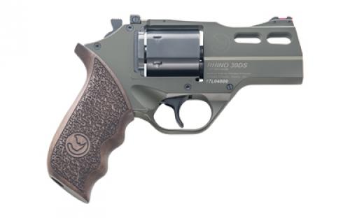 Chiappa Firearms Rhino 30DS Revolver, Double Action/Single Action, 357 Magnum/38 Special, 3 Barrel, Alloy, Olive Drab Green, Walnut Grips, Fiber Optic Front Sight, Adjustable Rear Sight, 6 Rounds, 3 Moon Clips 340.285