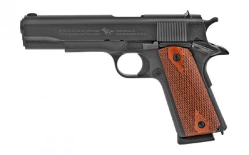 Cimarron 1911A1, Semi-automatic, 1911, Metal Frame Pistol, Full Size, 45ACP, 5 Barrel, Steel, Parkerized Finish, Black, Wood Grips, Fixed Sights, 8 Rounds, 1 Magazine 1911