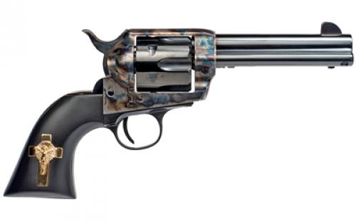 Cimarron Holy Smoker, Revolver, Single Action, 45LC, 4.75 Barrel, Steel Frame, Case Hardened Finish, Fixed Sights, Gold Cross Black Grip, 6 Rounds MP310GCI01BG