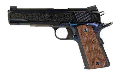 Standard Manufacturing Company 1911, Single Action Only, Semi-automatic, Metal Frame Pistol, Full Size, 45 ACP, 5 Stainless Steel Match Grade Barrel, 4140 Carbon Steel, Blued Finish, Rosewood Double Diamond Grips, High Profile Low-Mount Tactical Sights, Manual Thumb Safety, Deluxe #1 Custom Engraving Pattern, Medium Solid Match Grade Trigger and Enhanced Machined Hammer with 4.5 