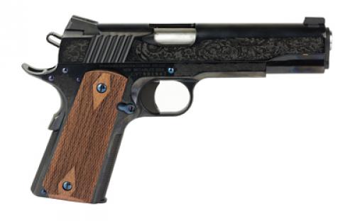 Standard Manufacturing Company 1911, Single Action Only, Semi-automatic, Metal Frame Pistol, Full Size, 45 ACP, 5" Stainless Steel Match Grade Barrel, 4140 Carbon Steel, Blued Finish, Rosewood Double Diamond Grips, High Profile Low-Mount Tactical Sights, Manual Thumb Safety, Deluxe #1 Custom Engraving Pattern, Medium Solid Match Grade Trigger and Enhanced Machined Hammer with 4.5
