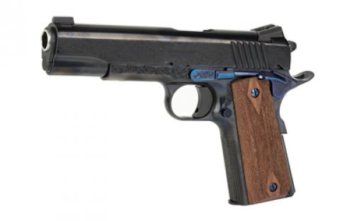 Standard Manufacturing Company 1911, Single Action Only, Semi-automatic, Metal Frame Pistol, Full Size, 45 ACP, 5" Stainless Steel Match Grade Barrel, 4140 Carbon Steel, Blued Finish, Rosewood Double Diamond Grips, High Profile Low-Mount Tactical Sights, Manual Thumb Safety, Deluxe #1 Custom Engraving Pattern, Medium Solid Match Grade Trigger and Enhanced Machined Hammer with 4.5