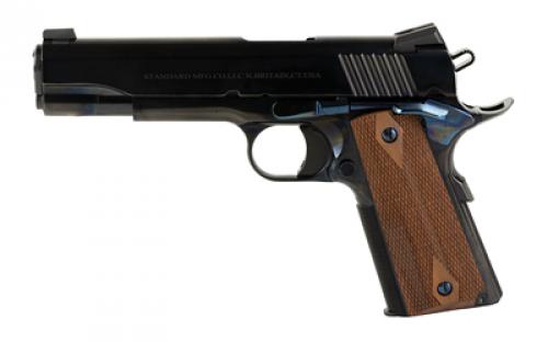 Standard Manufacturing Company 1911, Single Action Only, Semi-automatic, Metal Frame Pistol, Full Size, 45 ACP, 5 Stainless Steel Match Grade Barrel, 4140 Carbon Steel, Royal Blue Finish, Rosewood Double Diamond Grips, High Profile Low Mount Tactical Sights, Manual Thumb Safety,  Medium Solid Match Grade Trigger and Enhanced Machined Hammer with 4.5 Trigger Pull, 7 Rounds, 1 Maga