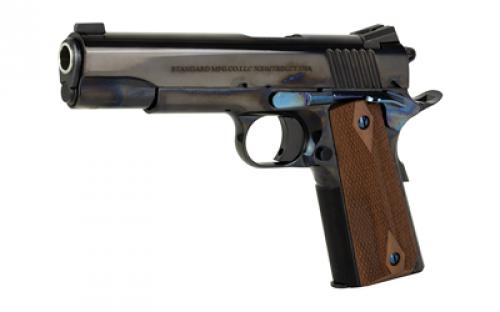 Standard Manufacturing Company 1911, Single Action Only, Semi-automatic, Metal Frame Pistol, Full Size, 45 ACP, 5" Stainless Steel Match Grade Barrel, 4140 Carbon Steel, Royal Blue Finish, Rosewood Double Diamond Grips, High Profile Low Mount Tactical Sights, Manual Thumb Safety,  Medium Solid Match Grade Trigger and Enhanced Machined Hammer with 4.5 Trigger Pull, 7 Rounds, 1 Maga