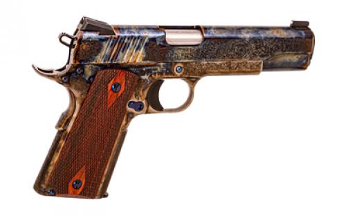 Standard Manufacturing Company 1911, Case Colored, Single Action, Semi-automatic, Metal Frame Pistol, Full Size, 45 ACP, 5" Stainless Steel Match Grade Barrel, 4140 Carbon Steel, High Polished Case Colored Finish, Rosewood Double Diamond Grips, High Profile Low-Mount Tactical Sights, Manual Thumb Safety, 7 Rounds, Deluxe #1 Custom Engraving Pattern, Medium Solid Match Grade Trigge