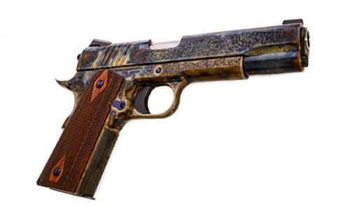 Standard Manufacturing Company 1911, Case Colored, Single Action, Semi-automatic, Metal Frame Pistol, Full Size, 45 ACP, 5" Stainless Steel Match Grade Barrel, 4140 Carbon Steel, High Polished Case Colored Finish, Rosewood Double Diamond Grips, High Profile Low-Mount Tactical Sights, Manual Thumb Safety, 7 Rounds, Deluxe #1 Custom Engraving Pattern, Medium Solid Match Grade Trigge