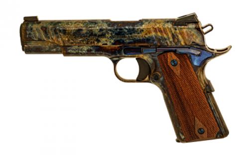 Standard Manufacturing Company 1911, Case Colored, Single Action Only, Semi-automatic, Metal Frame Pistol, Full Size, 45 ACP, 5 Stainless Steel Match Grade Barrel, 4140 Carbon Steel, High Polished Case Colored Finish, Rosewood Double Diamond Grips, High Profile Low-Mount Tactical Sights, Manual Thumb Safety, Medium Solid Match Grade Trigger and Enhanced Machined Hammer with 4.5 T