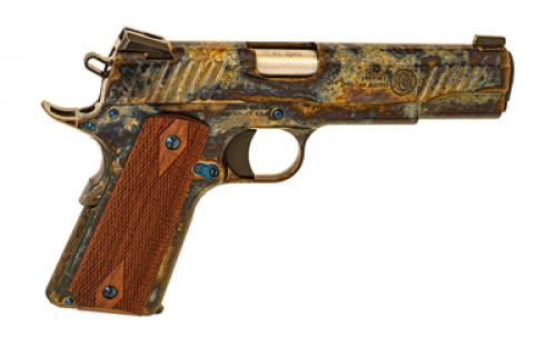 Standard Manufacturing Company 1911, Case Colored, Single Action Only, Semi-automatic, Metal Frame Pistol, Full Size, 45 ACP, 5" Stainless Steel Match Grade Barrel, 4140 Carbon Steel, High Polished Case Colored Finish, Rosewood Double Diamond Grips, High Profile Low-Mount Tactical Sights, Manual Thumb Safety, Medium Solid Match Grade Trigger and Enhanced Machined Hammer with 4.5 T