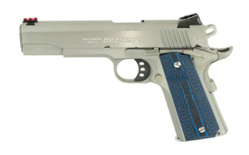 Colt's Manufacturing Competition SS, Semi-automatic, Metal Frame Pistol, Full Size, 9MM, 5 Barrel, Steel, Stainless Finish, G10 Checkered Blue Grips, Novak Red Fiber Optic Front Sight, Novak Adjustable Rear Sight, 9 Rounds, Series 70 Firing System O1072CCS