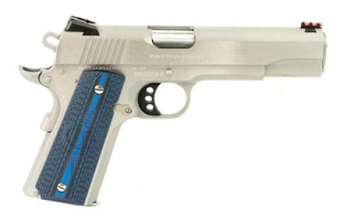 Colt's Manufacturing Competition SS, Semi-automatic, Metal Frame Pistol, Full Size, 38 Super, 5" Barrel, Steel, Stainless Finish, G10 Checkered Blue Grips, Novak Red Fiber Optic Front Sight, Novak Adjustable Rear Sight, 9 Rounds, Series 70 Firing System O1073CCS
