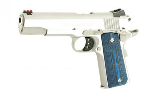 Colt's Manufacturing Competition SS, Semi-automatic, Metal Frame Pistol, Full Size, 38 Super, 5" Barrel, Steel, Stainless Finish, G10 Checkered Blue Grips, Novak Red Fiber Optic Front Sight, Novak Adjustable Rear Sight, 9 Rounds, Series 70 Firing System O1073CCS