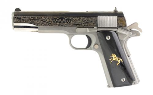 Colt's Manufacturing Government Model, Day Of The Dead, 1911 Classic, Semi-automatic, Metal Frame Pistol, Full Size, 38 Super, 5" Barrel, Steel, Stainless Finish, 9 Rounds, 1 Magazine, High Polished, Deep Engraved Slide With Black Background, Gold Plated Logo/Pony, Black Pearlite Grips With Silver Rampant Colt, Silver Hex Screws, 1 Of 500 O1911C-SS38-DOD