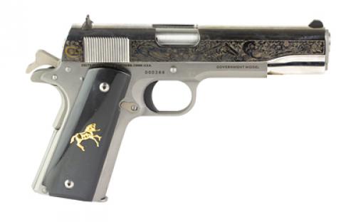 Colt's Manufacturing Government Model, Day Of The Dead, 1911 Classic, Semi-automatic, Metal Frame Pistol, Full Size, 38 Super, 5" Barrel, Steel, Stainless Finish, 9 Rounds, 1 Magazine, High Polished, Deep Engraved Slide With Black Background, Gold Plated Logo/Pony, Black Pearlite Grips With Silver Rampant Colt, Silver Hex Screws, 1 Of 500 O1911C-SS38-DOD