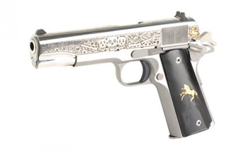Colt's Manufacturing Government Model, Day Of The Dead, 1911 Classic, Semi-automatic, Metal Frame Pistol, Full Size, 38 Super, 5" Barrel, Steel, Stainless Finish, 9 Rounds, 1 Magazine, High Polished, Deep Engraved Slide With Black Background, Gold Plated Logo/Pony, Black Pearlite Grips With Silver Rampant Colt, Silver Hex Screws, 1 Of 500 O1911C-SS38-DOD