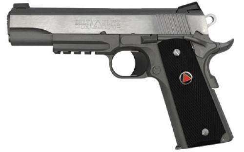 Colt's Manufacturing Delta Elite Rail, 1911, Semi-automatic, Metal Frame Pistol, Full Size, 10MM, 5 Barrel, Steel, Stainless Finish, Composite Grips with Delta Medallions, Novak White Dot Sights, 8 Rounds, 1 Magazine, Upswept Beavertail Grip Safety O2020RG