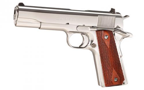 Colt's Manufacturing Government, 1911, Semi-automatic, Metal Frame Pistol, Full Size, 38 Super, 5 Barrel, Steel, Bright Stainless Finish, Wood Grips, Fixed Sights, 9 Rounds, 1 Magazine O2071ELC2