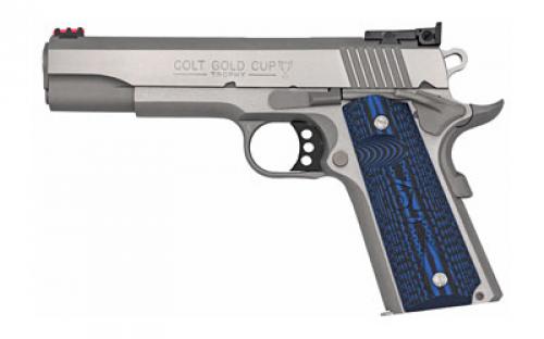 Colt's Manufacturing Gold Cup Lite, 1911, Semi-automatic, Metal Frame Pistol, Full Size, 9MM, 5 Barrel, Steel, Brushed Stainless Finish, G10 Grips, Fiber Optic Front and Adjustable Rear Sights, 9 Rounds, 1 Magazine, Upswept Beavertail Grip Safety O5072GCL