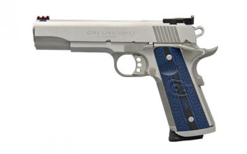 Colt's Manufacturing Gold Cup Trophy, 1911, Semi-automatic, Metal Frame Pistol, Full Size, 9MM, 5 Barrel, Steel, Stainless Finish, G10 Checkered Blue Grips with Scallop, Bomar Style Rear Sight, 9 Rounds, 1 Magazine O5072XE
