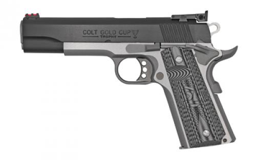 Colt's Manufacturing Gold Cup Lite, 1911, Semi-automatic, Metal Frame Pistol, Full Size, 38 Super, 5 Barrel, Steel, Two-tone Finish, G10 Grips, Fiber Optic Front and Adjustable Rear Sights, 9 Rounds, 1 Magazine, Upswept Beavertail Grip Safety O5073GCL-TT