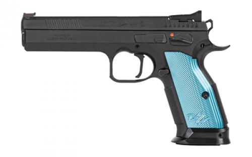 CZ 75 Tactical Sport 2, Single Action Only, Semi-automatic, Metal Frame Pistol, Full Size, 40 S&W, 5.23" Barrel, Steel, Polycoat Finish, Black, Blue Aluminum Grips, Fiber Optic Front/Fixed Rear, Ambidextrous Manual Safety, 17 Rounds, 2 Magazines 91222
