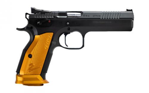 CZ 75 Tactical Sport 2 Orange, Single Action Only, Semi-automatic, Metal Frame Pistol, Full Size, 40 S&W, 5.2" Barrel, Steel, Polycoat Finish, Black, Orange Aluminum Grips, Fiber Optic Front/Fixed Rear, Ambidextrous Manual Safety, 17 Rounds, 2 Magazines 91265