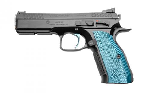 CZ Custom Shadow 2 ACCU, 2023X, Single Action, Semi-automatic, Metal Frame Pistol, 9MM, 4.89 Barrel, CZ Custom ACCU Bushing, Polycoat Finish, Black, Adjustable Rear Sight & Fiber Optic Front, Blue Aluminum Grips, 17 Rounds, 2 Magazines 91039