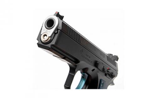 CZ Custom Shadow 2 ACCU, 2023X, Single Action, Semi-automatic, Metal Frame Pistol, 9MM, 4.89" Barrel, CZ Custom ACCU Bushing, Polycoat Finish, Black, Adjustable Rear Sight & Fiber Optic Front, Blue Aluminum Grips, 17 Rounds, 2 Magazines 91039