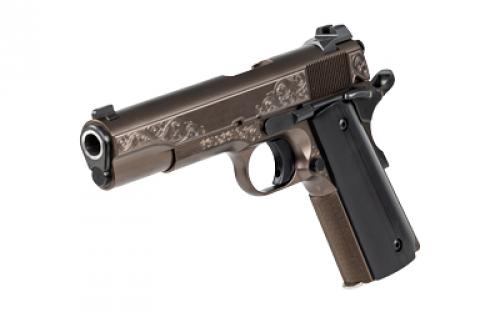 Dan Wesson Heirloom, Semi-automatic, Steel Frame Pistol, 1911, Full Size, 45 ACP, 5" Barrel, PVD Finish, Bronze, Engraved Scrollwork, G10 Grips, Ambidextrous Safety, Brass Bead Front w/U Notch Rear Sight, 8 Rounds, 1 Magazine 01937