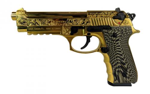 Girsan REGARD DLX, Semi-automatic, Single Action, Full Size, 9MM, 4.9 Barrel, Alloy Frame, Gold Engraved Finish, G10 Grips, Ambidextrous Safety, Decocker, Accessory Rail, Fixed Sights, 18 Rounds, 1 Magazine 390088