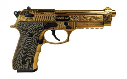Girsan REGARD DLX, Semi-automatic, Single Action, Full Size, 9MM, 4.9" Barrel, Alloy Frame, Gold Engraved Finish, G10 Grips, Ambidextrous Safety, Decocker, Accessory Rail, Fixed Sights, 18 Rounds, 1 Magazine 390088