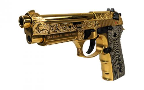 Girsan REGARD DLX, Semi-automatic, Single Action, Full Size, 9MM, 4.9" Barrel, Alloy Frame, Gold Engraved Finish, G10 Grips, Ambidextrous Safety, Decocker, Accessory Rail, Fixed Sights, 18 Rounds, 1 Magazine 390088