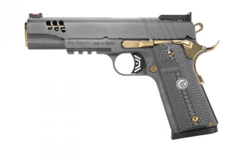 Girsan MC1911 Negotiator, Semi-automatic, 1911, Metal Frame Pistol, Full Size, 45 ACP, 5 Barrel, Titanium Nitrate Finish, Black with Gold Accents, G10 Grips, Adjustable Sights, Ambidextrous Safety, Extended Beavertail, 8 Rounds, 1 Magazine 390199