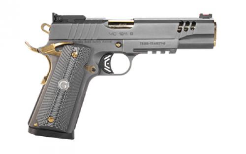 Girsan MC1911 Negotiator, Semi-automatic, 1911, Metal Frame Pistol, Full Size, 45 ACP, 5" Barrel, Titanium Nitrate Finish, Black with Gold Accents, G10 Grips, Adjustable Sights, Ambidextrous Safety, Extended Beavertail, 8 Rounds, 1 Magazine 390199