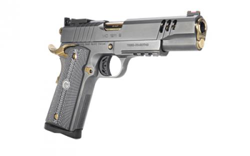 Girsan MC1911 Negotiator, Semi-automatic, 1911, Metal Frame Pistol, Full Size, 45 ACP, 5" Barrel, Titanium Nitrate Finish, Black with Gold Accents, G10 Grips, Adjustable Sights, Ambidextrous Safety, Extended Beavertail, 8 Rounds, 1 Magazine 390199